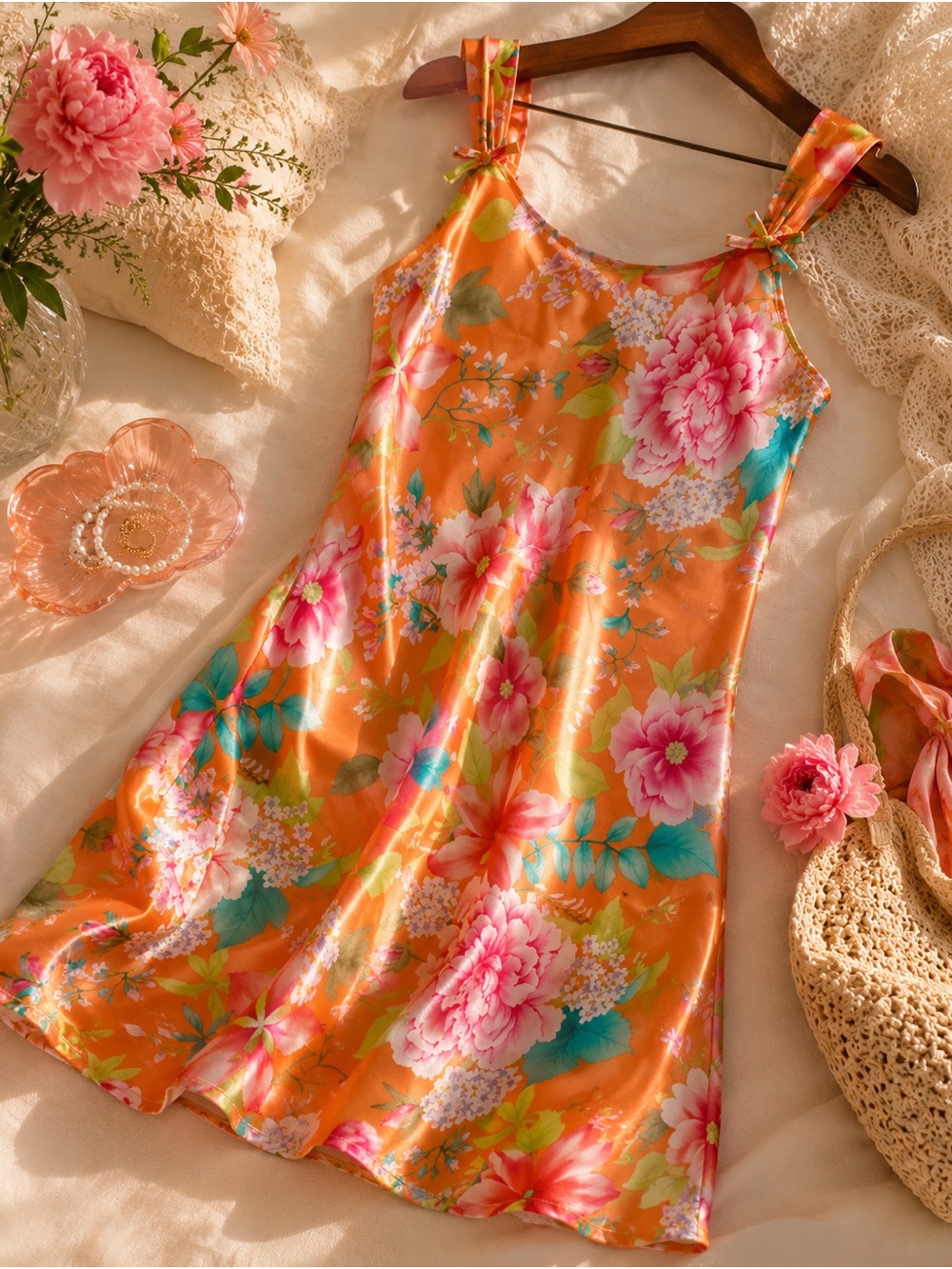 VTG Victoria’s Secret Pink Floral Satin Slip Dress, Chemise, Nightgown Orange L